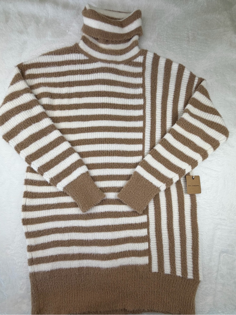 Blu Pepper Striped Turtleneck Sweater Dress - Cream & Brown